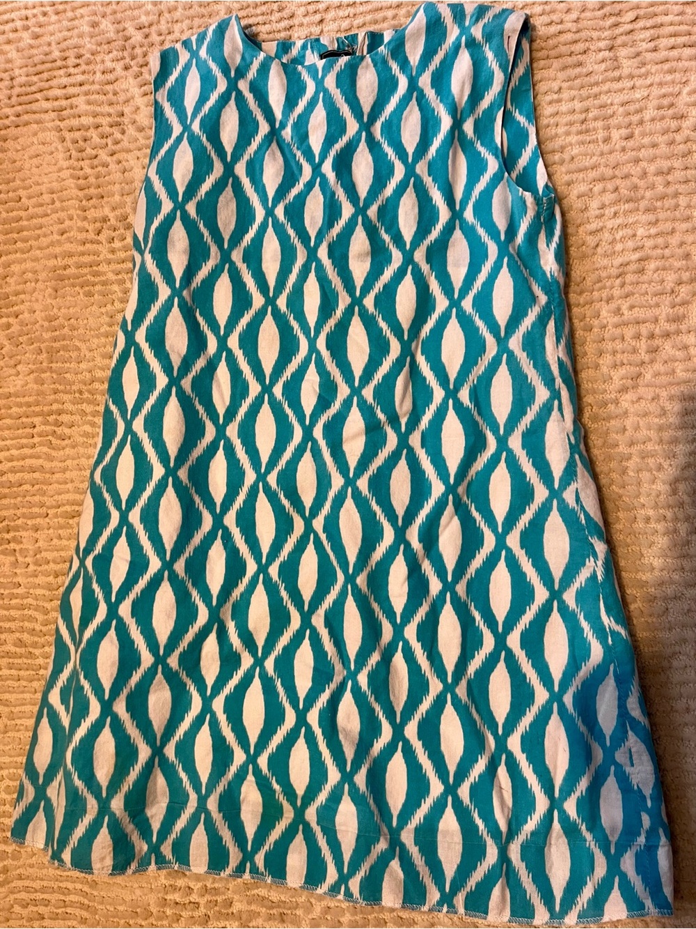 Oscar de la Renta Turquoise and White Ikat Printed Shift Dress Sz 5 - Picture 1 of 7